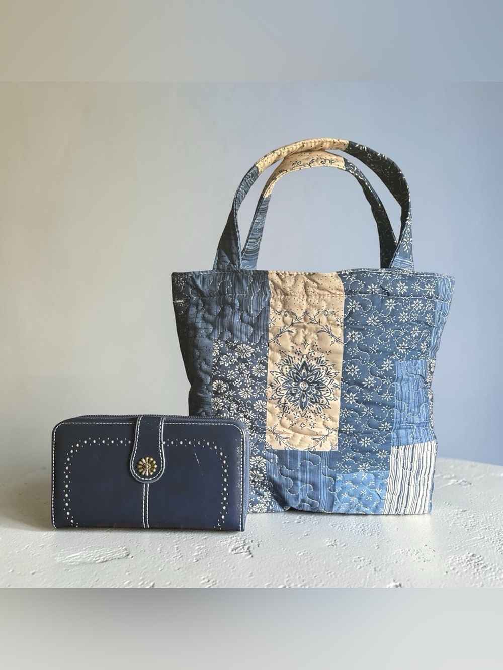 Quilted Blue Patchwork Tote Bag with Beige Accents & a Dark Blue Wallet Wristlet